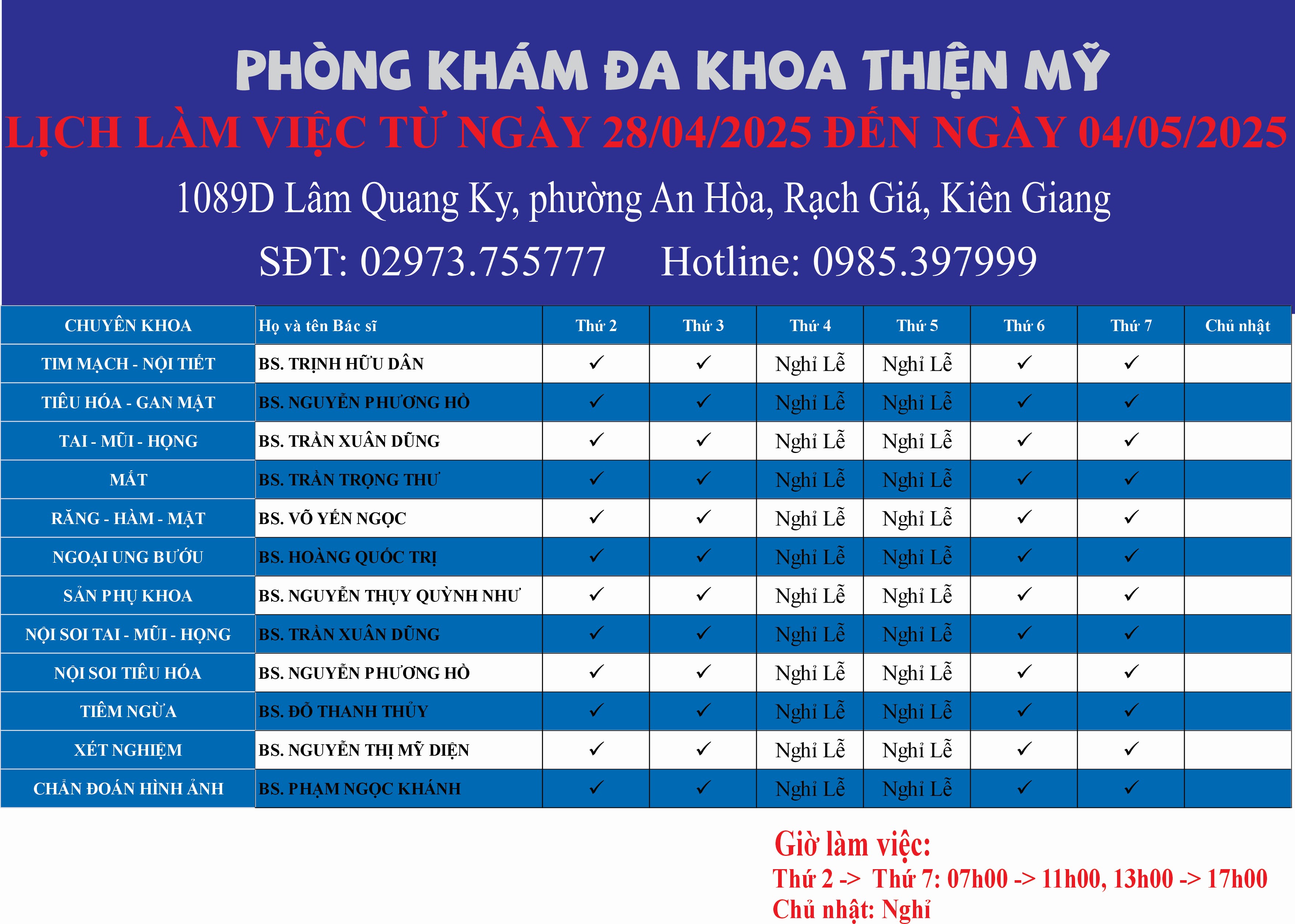 LỊCH LÀM VIỆC TỪ NGÀY 28/04/2025 ĐẾN NGÀY 04/05/2025	